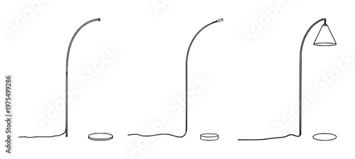 Arc floor lamp set with minimalist line art style featuring mid-century modern design, interior decor, illumination with white background and thin strokes