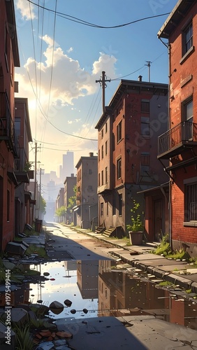 A serene urban landscape with red brick buildings