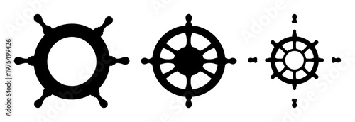 Cruise ship steering wheel icon set with solid black design on white background featuring maritime, navigation, ship with black and white and vector