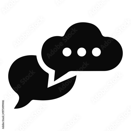 A simple, modern black and white icon representing communication and conversation, depicted as two overlapping speech bubbles with ellipses indicating ongoing dialogue or thought