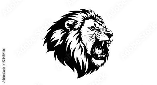 Black and white lion head illustration.