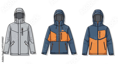 Colorful hooded jackets with zippers.