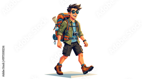 Young man with hiking backpack walking.