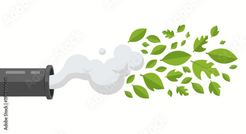 Air pollution transformed into fresh green leaves and clean air from industrial pipe