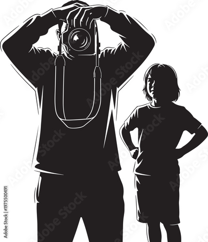Black and white silhouette of a photographer taking a picture, man with camera and young girl posing, professional photography vector illustration