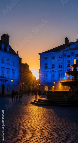 Beautiful Sunset Over a Historic European Town Square with Fountain.