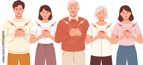 Diverse group of people holding chests with pain symbols, heart attack