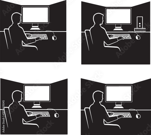 Office worker silhouette icons at computer desk, business person working in cubicle workstation, professional employee at pc monitor vector set