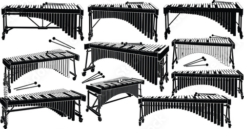 Collection of marimba and vibraphone percussion instruments with mallets isolated on white background, professional orchestral xylophone set for music performance, studio equipment arrangement