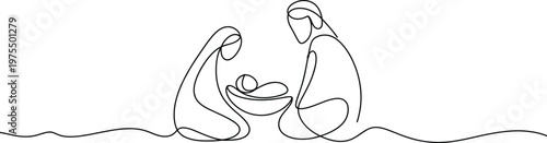 Christmas nativity scene with Mary Joseph and baby Jesus continuous line drawing vector illustration minimal religious design