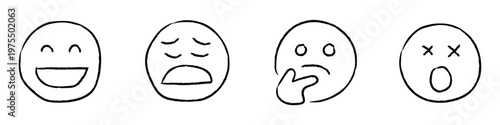 Hand drawn minimalist emoji faces icon set, representing different emotions including happy laughing sad crying thinking and shocked expressions isolated on white background. Vector Illustration.