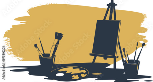 Dark blue silhouette of easel with brushes and paint vector illustration isolated on background artistic tool icon design