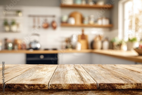 Rustic Wooden Table Surface in a Bright Sunlit Kitchen with Shelves and Cooking Utensils Warm Natural Light Creates Inviting Atmosphere