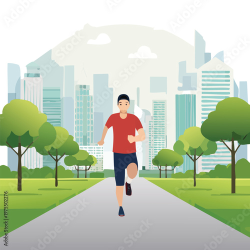Man runs on paved path in city park with trees and skyline illustration