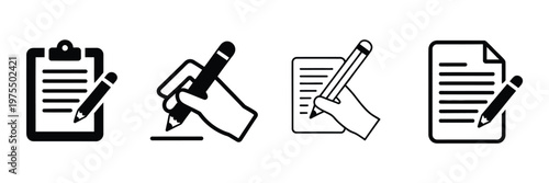 Clipboard and pencil writing icons, hand holding pencil, note-taking and editing vector symbols, education and office use, high quality professional illustration.