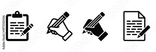 Clipboard and pencil writing icons, hand holding pencil, note-taking and editing vector symbols, education and office use, high quality professional illustration.