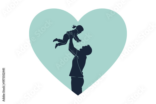 Title a loving father playfully tosses a child in the air silhouetted against a heart shaped background