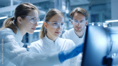 Three scientists in a laboratory analyzing a machine in white coats