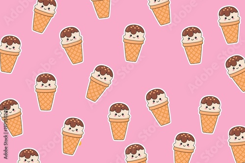 A colorful pattern of cartoon ice cream cones on a pink background