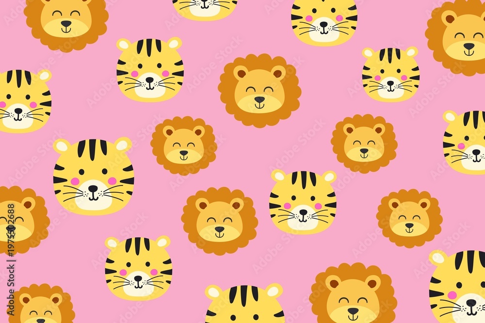 Fototapeta premium A colorful pattern of cartoon animal faces on a pink background