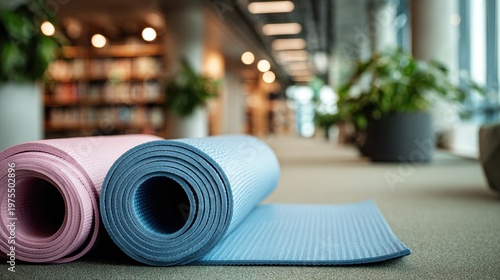 Two Rolled Yoga Mats Pink and Blue Foreground Cozy Library Background with Bookshelves and Plants Soft Indoor Lighting Creating Calm Atmosphere for Fitness and Wellness Activities