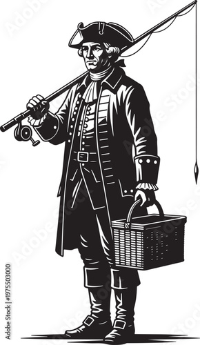 Vintage George Washington fishing vector illustration, colonial gentleman holding fishing rod and basket, historical founding father angler mascot