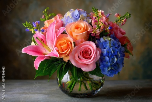Vibrant Floral Arrangement of Pink Lilies Orange Roses Blue Hydrangeas and Purple Accents in a Clear Glass Vase on a Textured Surface with Soft Lighting