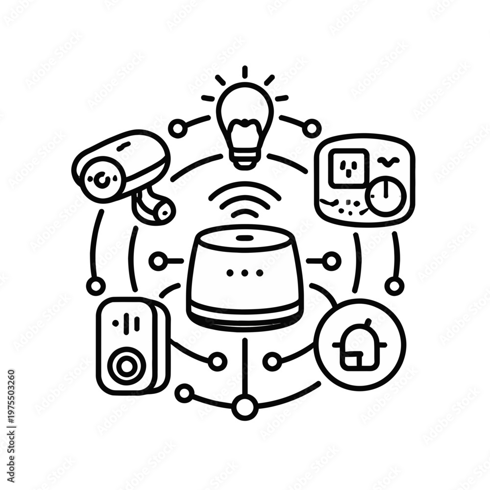 Naklejka premium Smart home central hub icon connecting various smart devices like security camera, light bulb, smart speaker, and thermostat