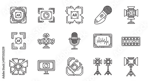 Augmented Reality and Multimedia Production Studio Line Icon Set