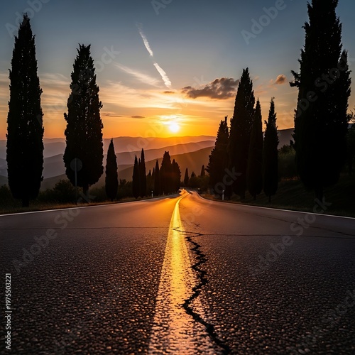 Beautiful Sunset Road Lined With Cypress Trees In Tuscany Italy.
