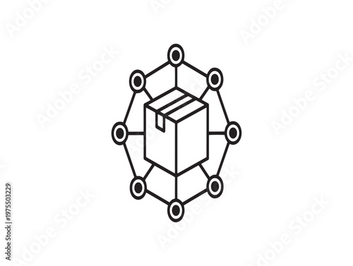 Supply chain network illustration a box protected by a hexagonal connection system