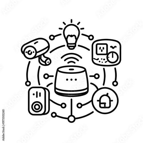 Smart home central hub icon connecting various smart devices like security camera, light bulb, smart speaker, and thermostat