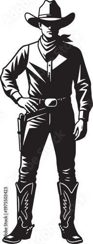 Vintage cowboy vector illustration, western gunslinger character standing in traditional attire, retro black and white woodcut style outlaw mascot