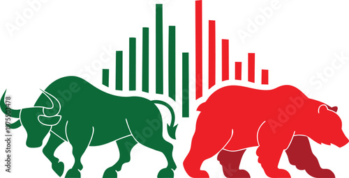 Tableau sur toile Green bull and red bear with stock market candlesticks on a transparent background representing market trends