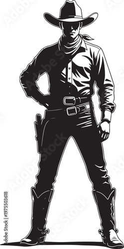 Vintage cowboy vector illustration, black and white western outlaw silhouette, rugged man in hat and boots, classic wild west character design