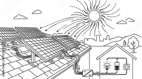 Minimalist animation of solar energy absorption and conversion.