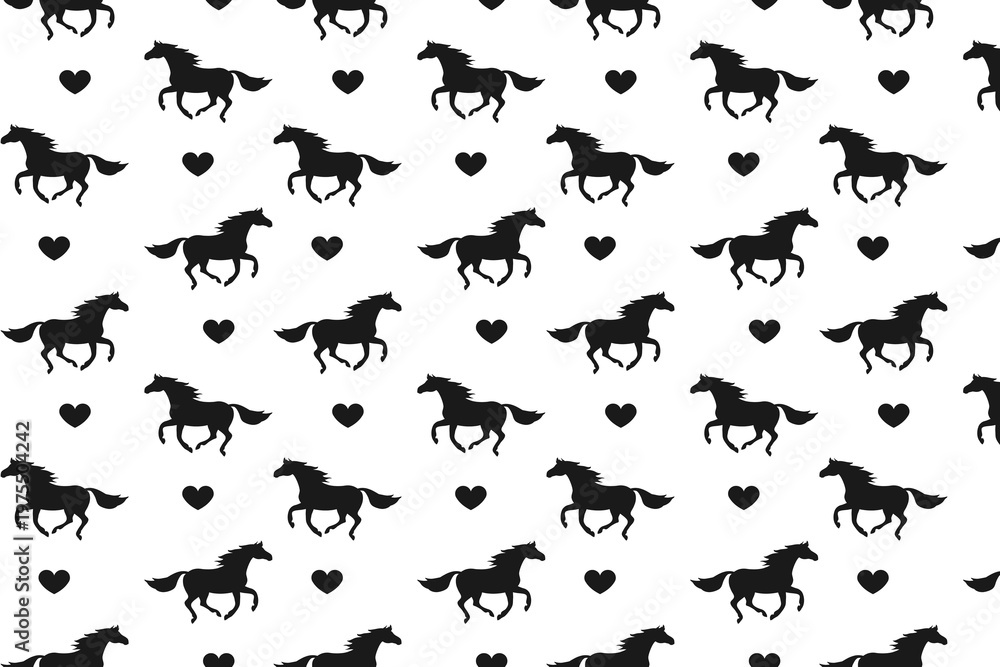 Obraz premium A seamless pattern of black horse silhouettes and hearts on a white background