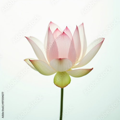 Single Elegant Pink and White Sacred Lotus Flower With Green Stem on Clean White Background, Minimalist Botanical Fine Art Photography With Soft Natural Light and Delicate Layered Petals