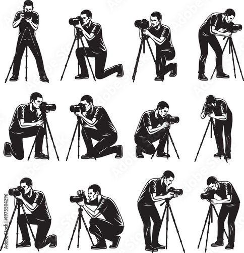 Professional photographer silhouettes with cameras and tripods, set of 12 black and white vector icons, male videographer filming in various poses