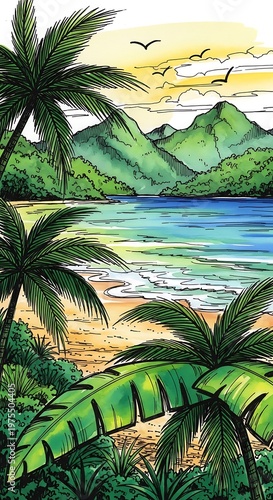 Beautiful Tropical Beach Landscape with Palm Trees and Mountains.