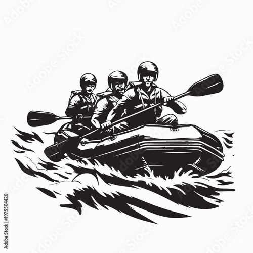 Extreme Sport Rafting Group Navigating River Rapids Illustration