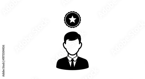 A minimalist vector graphic of a suited businessman with a star rating above his head, symbolizing excellence and achievement.
