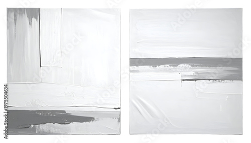 Two minimalist abstract paintings, mostly white and grey, with textured brushstrokes