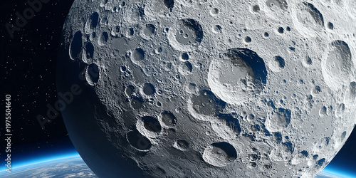 Detailed Moon Surface Above Earth Horizon in Deep Space