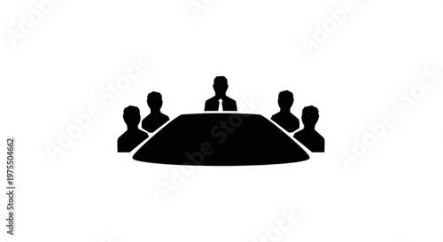 A minimalist vector graphic illustration of a group of people sitting around a table in a meeting