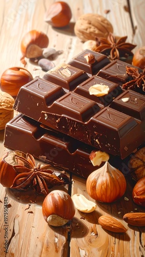 A stack of dark chocolate squares surrounded by nuts and spices on wood