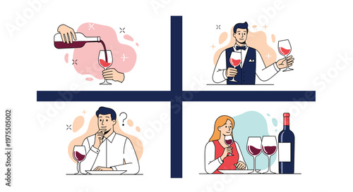 Collage shows four different wine experiences including pouring glass waiter serving man choosing and couple dining with red wine.