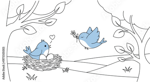 Two cute blue birds interact in forest setting with one sitting in nest of eggs and another flying with flower.