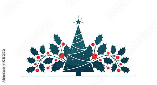 Minimalist christmas tree design features dark green geometric tree with star on top and symmetrical holly berry branches.