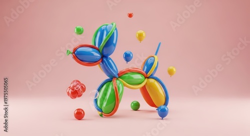 Playful Balloon Dog Sculpture in Red Blue and Green Against Soft Pink Background